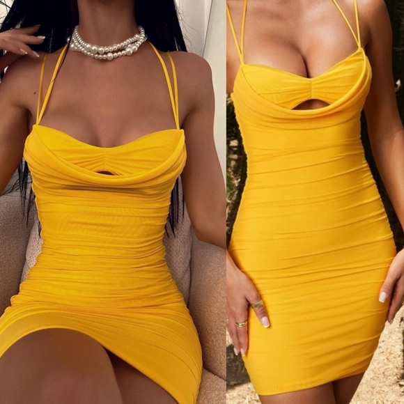 Oh Polly Cabana Collection Yellow Ruched Cowl Neck Mini Dress - Picture 2 of 10